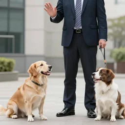 Business dog waving goodbye to his dog coworkers