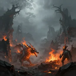 in the age of ancients the world was unformed, shrouded by fog. a land of gray crags, archtrees and everlasting dragons. but then there was fire and with fire came disparity. heat and cold, life and death, and of course, light and dark, digital art, epic, artstation, concept art