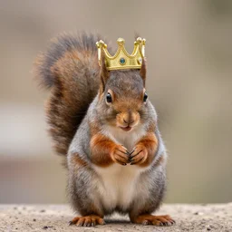 photorealistic picture of a squirrel wearing a crown