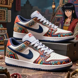 fantasy jrpg sneaker design designed by capcom megaman, chrono trigger guilty gear sneaker styles, aztec mayan street fashion native punk sneaker design, focus on megaman hip hop sneaker design with subtle mayan patterns, gapmoe yandere grimdark, trending on pixiv fanbox, painted by greg rutkowski makoto shinkai takashi takeuchi studio ghibli, akihiko yoshida