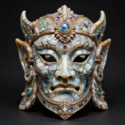 fantasy art ultra 4 k photo of a bizzare colorful mother of pearl armor warrior mask made of ceramic fur intricately spectacular magnificently carved by a master engraver by h. r. giger