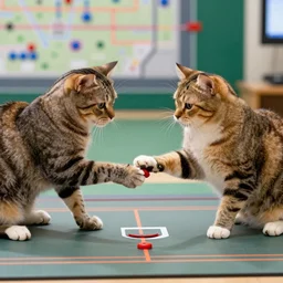 photograph of two cats playing factorio
