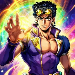 handsome anime man channels the universe's energy in the style of jojo's bizarre adventure, ultrafine hyperrealistic detailed face illustration by kim jung gi, irakli nadar, intricate linework, sharp focus, bright colors, matte, octopath traveler, final fantasy, unreal engine highly rendered, global illumination, radiant light, intricate rainbow environment