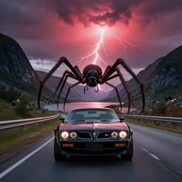 black pontiac firebird trans - am driving towards the camera, huge spider creature in the background, norway mountains, valley, lake, dynamic, cinematic, motionblur, volumetric lighting, wide shot, low angle, red glow in sky, large lightning storm
