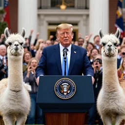 4 k highly detailed llama integrated with donald trump giving a presidential speech in front of a cheering crowd