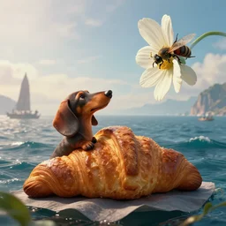 by johan grenier and sergey grechanyuk, visually stunning, cinematic, ultra realistic, hyper realism, 1 2 k, epic, octane render, unreal engine, vfx, maya, morning dachshund croissant : poseidon, distant shores : great waters, an inverted flower : attract a fig wasp