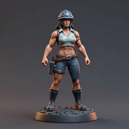 80mm resin detailed miniature of a very Muscular miner woman, sleeveless shirts, helmet, stomach, navel, boots, Logo, textured base; Product Introduction Photos, 4K, view from front