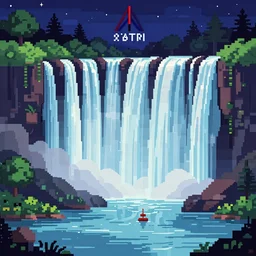 beautiful and detailed atari 2 6 0 0 pixelart landscape of a waterfall at night