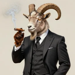 beautiful portrait commission of a male furry anthro mountain goat wearing a pinstripe suit and waistcoat and smoking a cigar, award-winning, detailed, trending on artstation