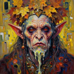 close - up portrait of very ugly goblin emperor by irakli nadar with intricate detailed color smashing fluid oil paint and acrylic, autumn leaves headdress, melting wax, mycelia, abstract impressionism, ruan jia, fantasy, hyper detailed, concept art, by peter mohrbacher and gustav klimt,
