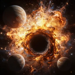 A black hole sucking in planets, massive explosion, detailed, hyperrealism, 4k