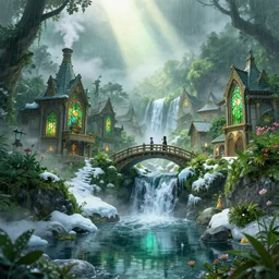 aztec mountain village, ornate, beautiful, atmosphere, vibe, mist, smoke, chimney, rain, reflection, pristine, puddles, waterfall, melting, dripping, snow, creek, lush, ice, bridge, green, stained glass, forest, flowers, concept art illustration, color page, 4 k, tone mapping, doll, akihiko yoshida, james jean, volumetric lighting, sunbeams, particles, trending on artstation