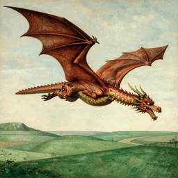 Dragon flying above a green field in style of Da Vinci