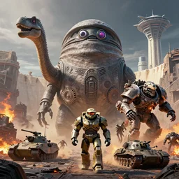 cinematic scifi render of 3 d sculpt pixar sarlacc kaiju cyborg demons running dinosaurs atat googly eyes, military tank fury road iron smelting pits space marines, of spiked gears of war skulls, military chris foss, john harris, hoover dam'aircraft carrier tower'beeple, warhammer 4 0 k, halo, halo, mass effect