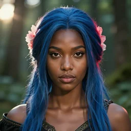 beautiful portrait, ( ( head shot ) ), brown skin, sharp focus, ffxiv, neo classic, blue hair, bloom, movie still, dogi, sony, symmetrical, makeup, sephora, loreal, red highlights, lens flare, studio light, octane render, maybelline, model, forest, traditional, vsco, bokeh, 8 k