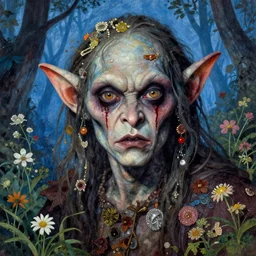 a handsome but sinister and creepy goblin man in layers of fear decoupage, with haunted eyes, violence in his eyes, 1 9 7 0 s, seventies, delicate embellishments, a little blood, woodland, blue dawn light shining on wildflowers, painterly, offset printing technique, by walter popp, alexandre cabanel