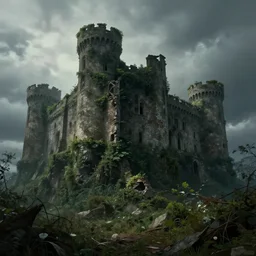 ruins of an old castle covered by plants with moody and cinematic lighting by greg ruthkowski and craig mullins, cinematic and atmospheric, concept art, artstation, trending on artstation
