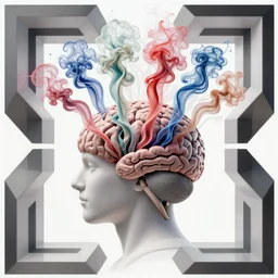 human brain exploding into multi - colored streams of smoke, psychedelic, trippy, abstract, cubist, symmetric, mirrored, abstraction, fractal patterns, irridescent, vector art, hyper detailed, trending on artstation, luminescent, by wlop, by sachin teng, by alphonse mucha