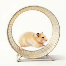 serene hamster running in a hamster wheel, healing through motion, life, minimalistic dream, golden and ink airbrush painting on white background, pristine dream