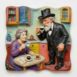 a colorful installation sculpture artwork of a old and strange dusty professor in black suite and hat and a old woman making a study of drinking 1 0 cups of black coffee in 5 seconds in a kitchen that is melting, styled by niki de saint phalle and fernando botero