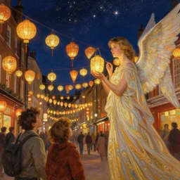 a beautiful painting of the lantern festival in ancient london, at night with a sky full of stars, being watched by an angel resembling millie bobby brown, intricate, elegant, highly detailed, digital painting, artstation, concept art, by krenz cushart and artem demura and alphonse mucha