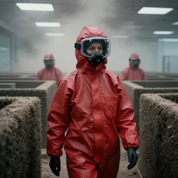 cinestill 5 0 d photographic portrait by helen levitt of dark red hazmat scientists walking through a brutalist hedge maze, extreme closeup, cinematic, modern cyberpunk, dust storm, office ceiling panels in the sky, 8 k, hd, high resolution, 3 5 mm, f / 3 2, tenet, octane render, trending on artstation