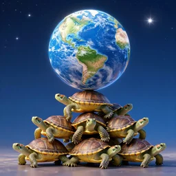 a stack of turtles beneath a globe of the earth, earth globe on top, stars in the background, digital art