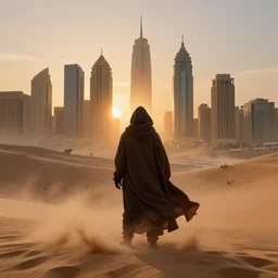 mysterious figure in striking cloak staring at sandstorm in the city, desert skyscrapers, sunset, global illumination, hyper - realistic, insanely detailed and intricate, cinematic, 8 k