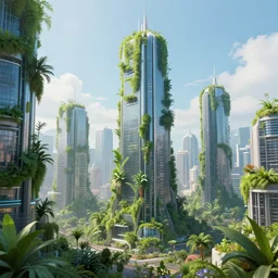 Futuristic city, cityscape, future, green plants, plants growing, skyscrapers, digital art, trending on artstation