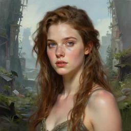 Portrait of Thomasin McKenzie in a post apocalyptic world, overgrown city, fantasy, high detail, elegant, digital painting, natural light, vibrant, intricate, textured skin, highly detailed, artstation, sharp, focus, illustration, by Anna Dittmann, Ilya Kuvshinov, Nikolay Makovsky