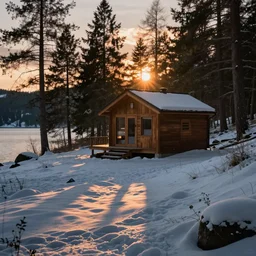 a cabin in a forest by a lake with a snowy sunset, realistic, canon camera