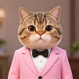 portrait of tabby cat ,wearing a pink tuxedo,in the Pixar style,  digital art, award winning