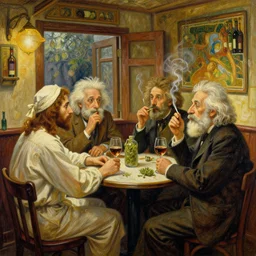 a hand drawn painting of jesus christ, einstein, darwin, they are meeting together in an after small comfy cozy empty pub that is filled with wine, door and a window, they are all meeting on a tabletop, smoking weed and drinking wine, photorealism, hyperdetailed, volumetric lightening, octane render, award winning, by alphonse mucha, dalle 2 composition as a reference