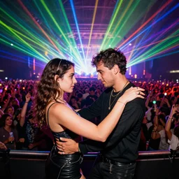 portrait of two friends dancing at a concert with a huge crowd and lasers, hyper detailed, vivid colors, by jeremy mann