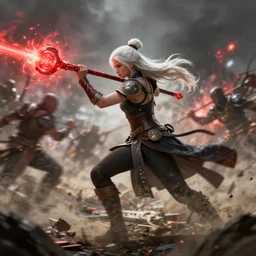 dragon age character wynne, 5 0 years old woman white long hair tied bun holding long staff red orb, shooting magic, middle of battle, battle damage, fighting, full body, epic, d and d, cinematic, dynamic lighting, concept art, rich color, bioware, by greg rutkowski
