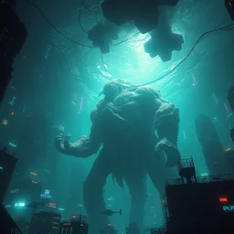 the giant flesh golem destroying cyberpunk city underwater