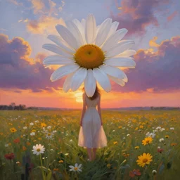 giant daisy flower in head, full body girl standing in a flower field, surreal photography, sunrise, dramatic light, impressionist painting, colorful clouds, digital painting, artstation, simon stalenhag