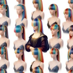 pattern of anthropomorphic social bot network accompanying female with rainbow pony tails, cyber haircut, v decollete, leonard da vinci style