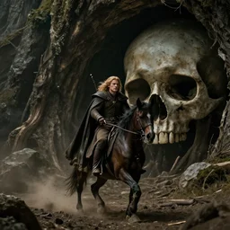 epic fantasy movie of the phantom riding to his skull cave, cinematic, lord of the rings aesthetic