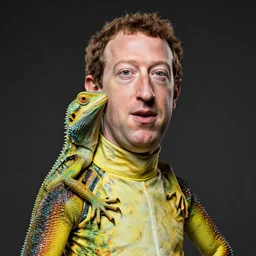 a humanoid lizard wearing a Mark Zuckerberg mask