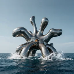 a giant abstract sculpture of the birth of the universe on the ocean water, in the style of jeff koons, award winning, cinematic, hyper - realistic, very detailed, realistic water splashes, ray tracing, 8 k resolution, long - shot, sharp focus, low angle, 8 5 mm photograph, wide lens