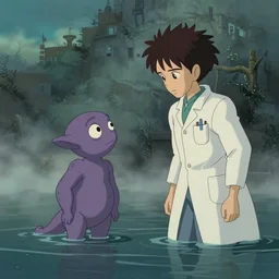hyperrealist studio ghibli cartoon of a small purple alien from howl's moving castle ( 2 0 0 4 ) talking to a skinny male scientist. flooded, moody, misty, depth perception.