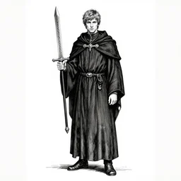 a young man in cultist robes holding a ritual blade, full body character portrait, ink drawing, black and white, highly detailed concept art by tim bradstreet