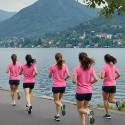 group of woman running with pink t-shirts view from behind, near lake lugano, cinematic, 50mm, award-winning painting by noah bradley