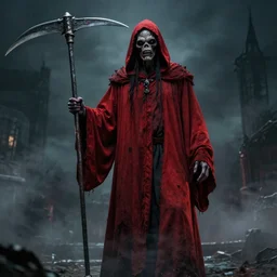 an image of a 7 foot tall zombie lord in red robes holding a scythe