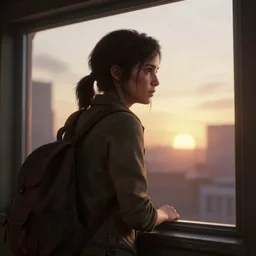 ellie from the last of us looking out the window, digital art, cinematic lighting, sunrise