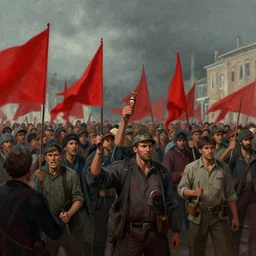 Workers struggle against the bourgeoisie, workers revolution, red flags, Greg Rutkowski, Simon Stalenhag, Wasim Kashin digital art, trending on artstation, cinematic