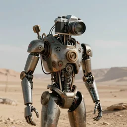 humanoid automaton with an old - school camera for a head in a deserted wasteland, sci - fi, dystopian, 4 k, realistic, render, detailed, gears, wires, cables, gadgets