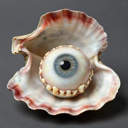 a shell containing a ball made out of eyes and teeth, artwork by james ensor and odlion redon