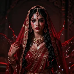 beautiful Hindu queen of the dark with veil, in darkness, cover with a lot of red water, horror terrifying, surreal realistic, photorealistic, hyper details, full HD, 8k!